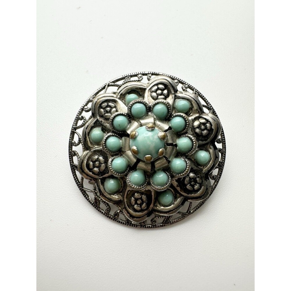 Vintage Faux Turquoise Cabochon Silver Tone Filigree Floral Brooch Pin